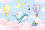 卡通海豚可爱动物热气球云朵背景