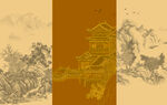新中式山水楼阁背景墙壁画设计