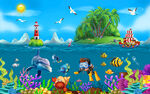 卡通海底世界儿童房背景墙