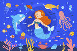 卡通海底世界可爱美人鱼海豚背景
