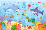 可爱海豚鲨鱼卡通海底动物背景墙