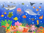 卡通海豚海底鲨鱼珊瑚热带鱼背景