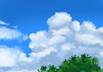 蓝天白云绿树手绘写实装饰画