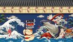 日式浮世绘招财猫背景墙
