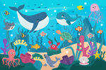 卡通鲸鱼海底世界珊瑚热带鱼背景