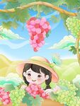 处暑节气女孩在葡萄园插画