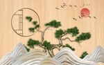 新中式迎客松木纹背景墙