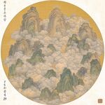 青绿金碧山水团扇画