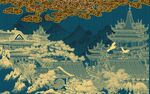 新中式古风山水楼阁飞鸟图