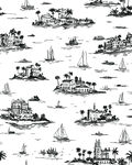 海洋岛屿帆船黑白插画