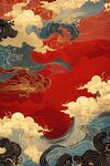 中式红底云海浪涛图