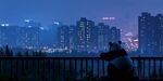 熊猫夜望繁华都市景观
