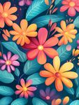 多彩花卉与绿叶插画图案