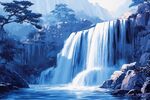 蓝调山水瀑布美景图