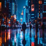 都市雨夜行人的光影瞬间