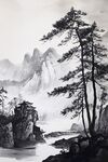 水墨山水间的苍松峻岭