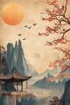 落日山水间古亭诗意景