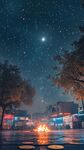星空下的篝火与静谧街道