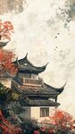 古风楼阁映于红叶飞鸟间