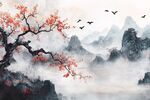 水墨山水间的红梅飞鸟图