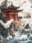 古风中式楼阁飞鸟山水景