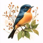 蓝橙小鸟栖于绿叶红果间
