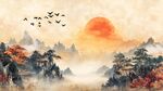 落日群山飞鸟诗意山水景