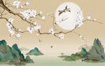 手绘玉兰花鸟山水背景墙