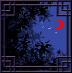 月夜窗景飞鸟伴新月