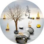 梦幻海上枯树与帆船圆形装饰画