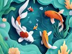 水中锦鲤悠游于绿植间