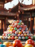 传统庙宇前的多彩幸运球堆