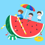 儿童夏季暑假吃西瓜划船玩耍插画