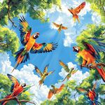 群鹦鹉于林间蓝天飞舞