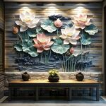 中式荷花浮雕玄关装饰墙