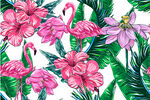 粉色火烈鸟与花卉图案数码印花