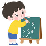 卡通数学课男孩黑板上写算式插画