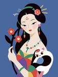 唯美古风女子仕女与猫咪花卉插画