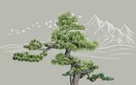 水墨风孤松远山飞鸟景