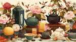 中式茶具花卉雅致静物图