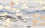 中式山水间白鹤飞翔图景