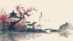 水墨春景中的亭台花树
