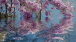 梦幻樱花树倒映于水面