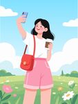 女孩户外自拍插画