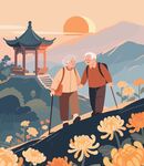 老人登山赏菊