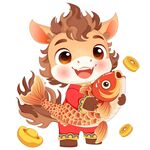 马年春节拿好运锦鲤卡通小马插画