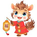 马年春节拿福字灯笼卡通小马驹