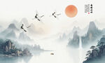 中式意境水墨山水仙鹤图背景