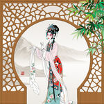 古典美人持扇倚窗而立