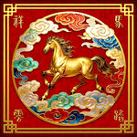 金色骏马祥云中式祥瑞图